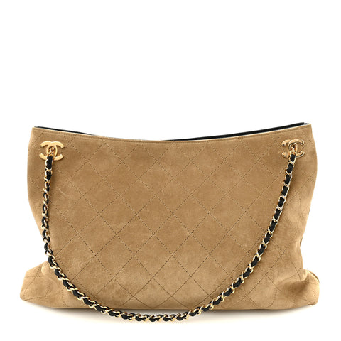 Suede Quilted Eyes On You Large Shopping Bag Beige