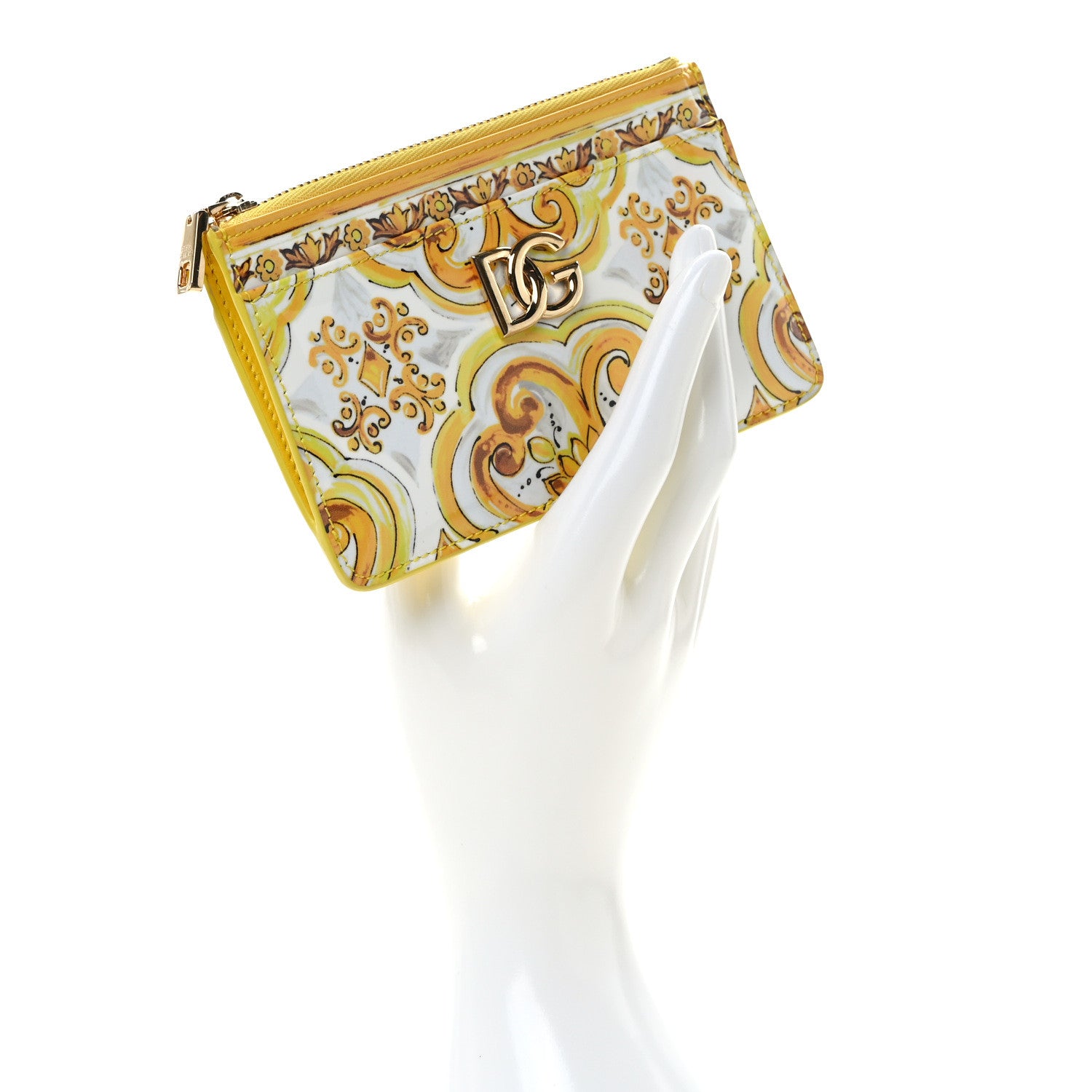 Dolce & Gabbana Vitello Lucido Stampato Majolica Print Zipped Card Holder Yellow White 2 of 7