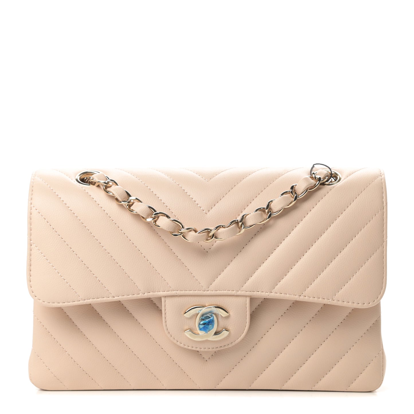 Caviar Chevron Quilted Small Double Flap Beige