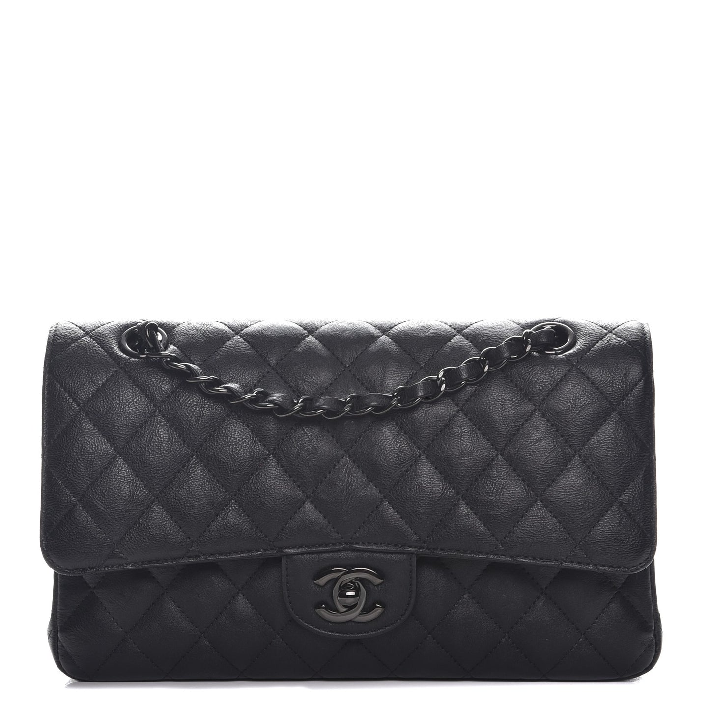 Crumpled Calfskin Quilted Medium Double Flap So Black