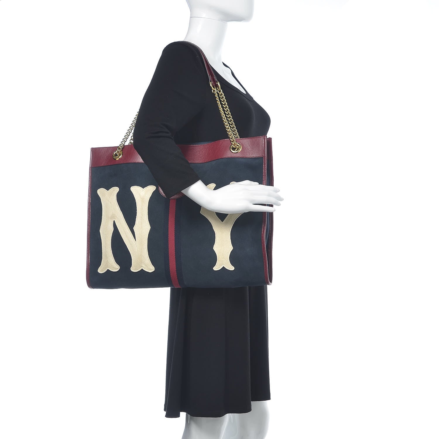 Gucci X MLB Suede Calfskin NY Yankees Large Rajah Chain Tote New Blue Romantic Cherry 2 of 12