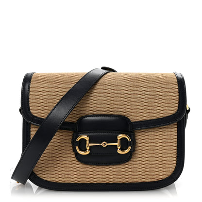 Gucci Vintage Rice Canvas Plutone Calfskin Horsebit 1955 Shoulder Bag Beige Blue 1 of 10