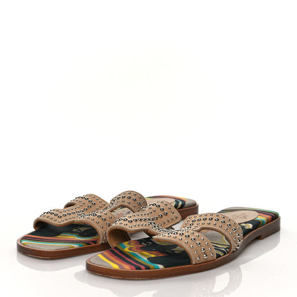 Hermes Suede Goatskin Studded Oran Sandals 37.5 Nude 3 of 8