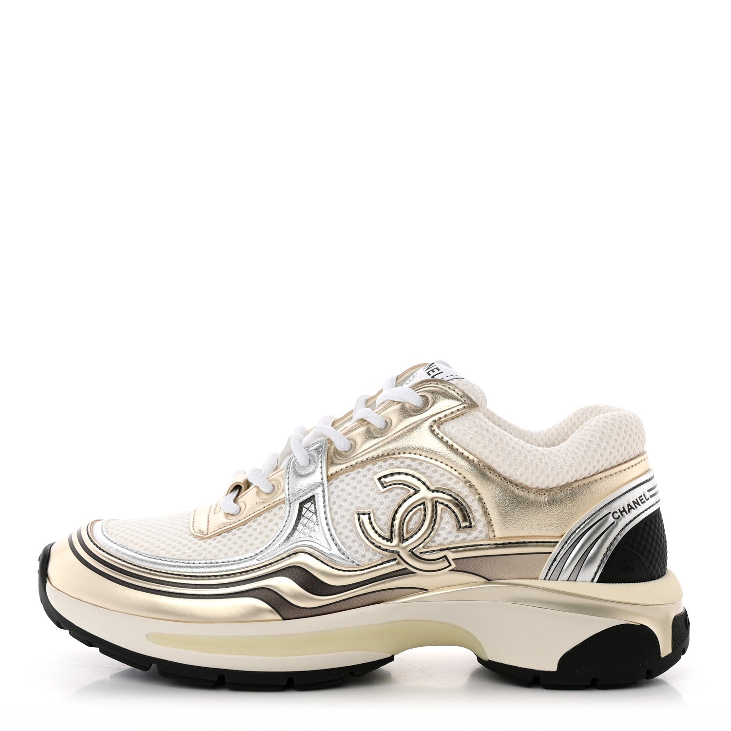 Chanel Fabric Laminated Calfskin Stretch CC Womens Sneakers 38 White Gold Silver 1 of 10