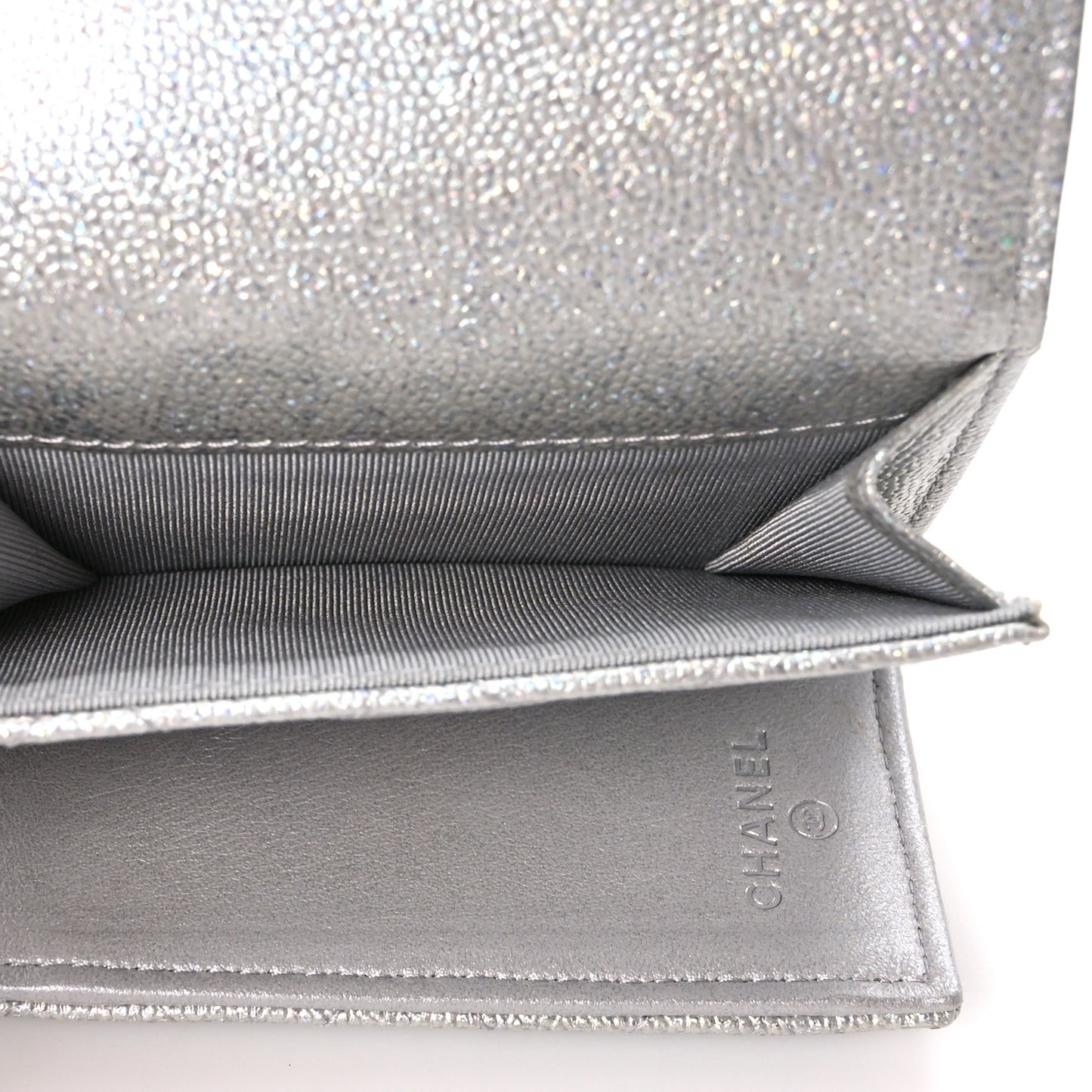 Caviar Quilted Double Flap Wallet Silver