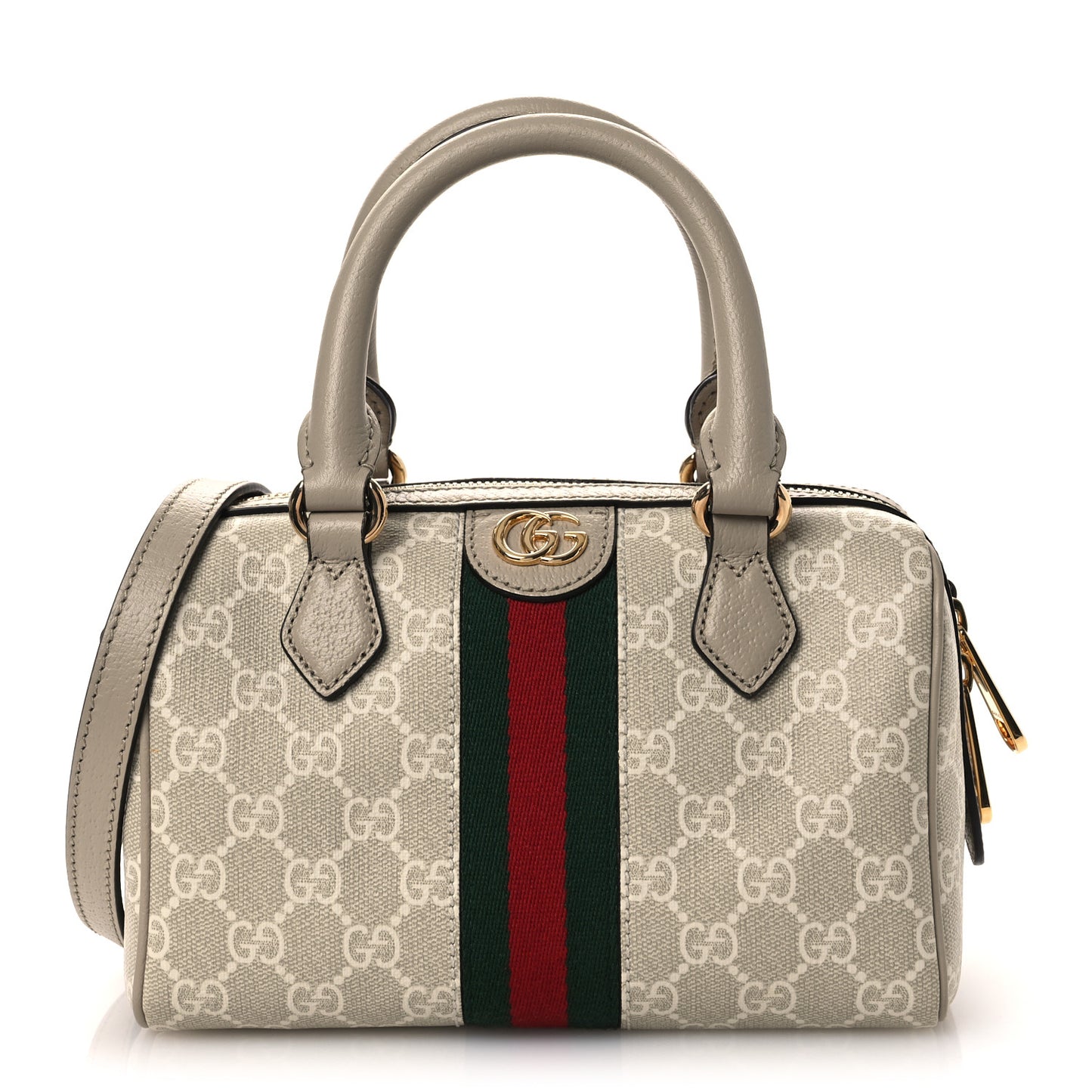 GG Supreme Monogram Textured Dollar Calfskin Web Ophidia Mini Top Handle Bag Beige Mystic White Oatmeal