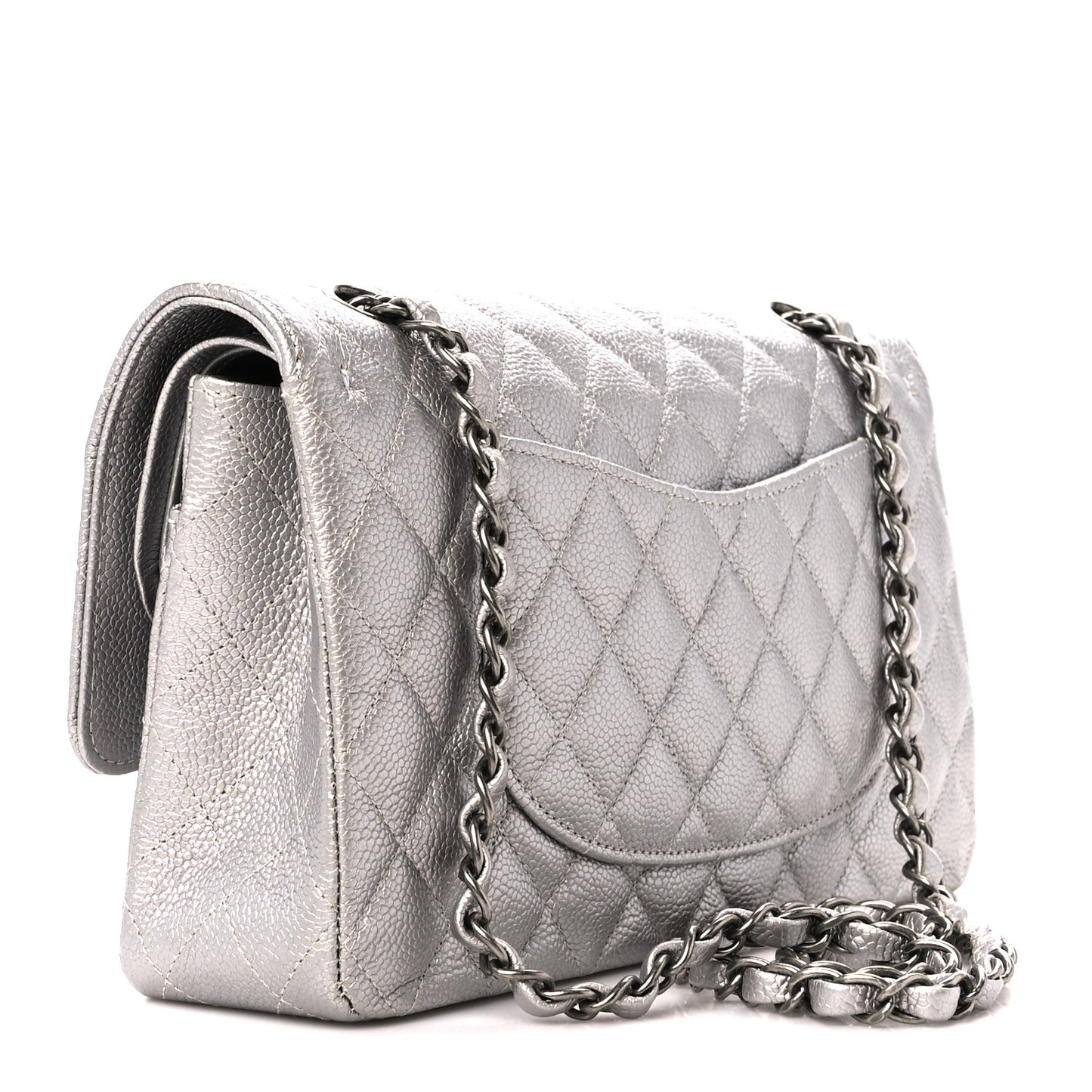 Metallic Caviar Quilted Medium Double Flap Silver