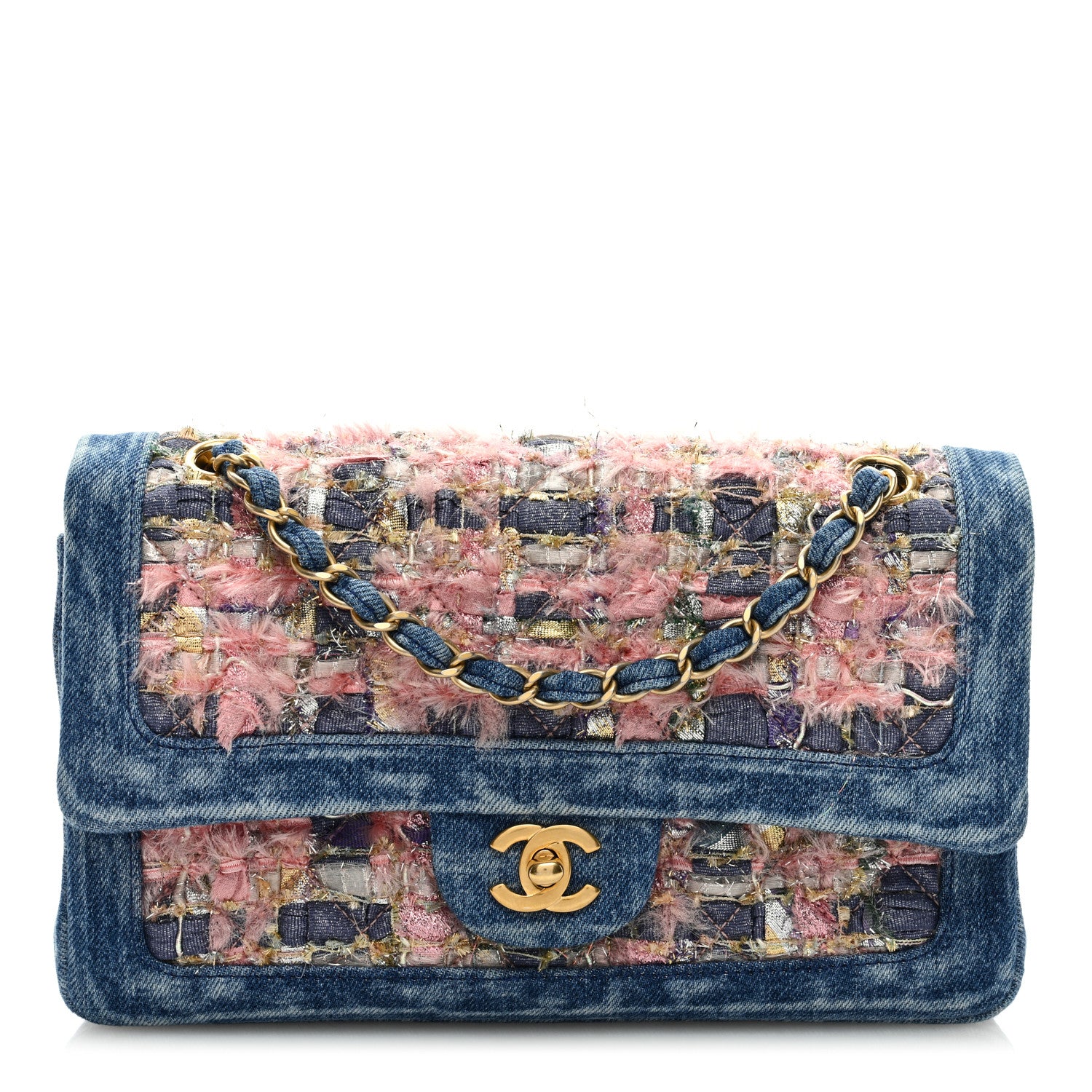 ダブル　　CHANEL Chanel Denim Tweed Quilted Medium Double Flap Blue 1407771