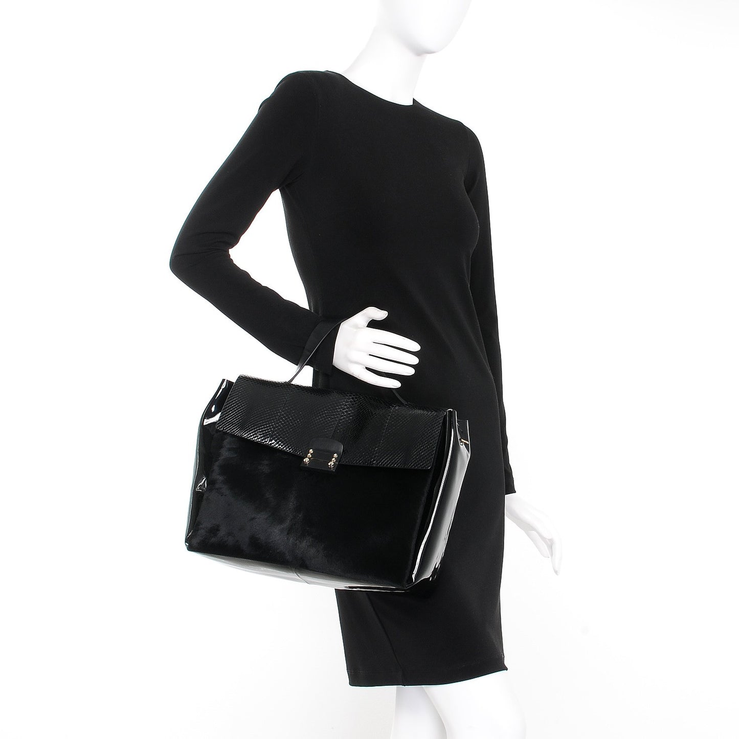 Calf Hair Snakeskin Patent Calfskin Large Mime Single Handle Bag Black