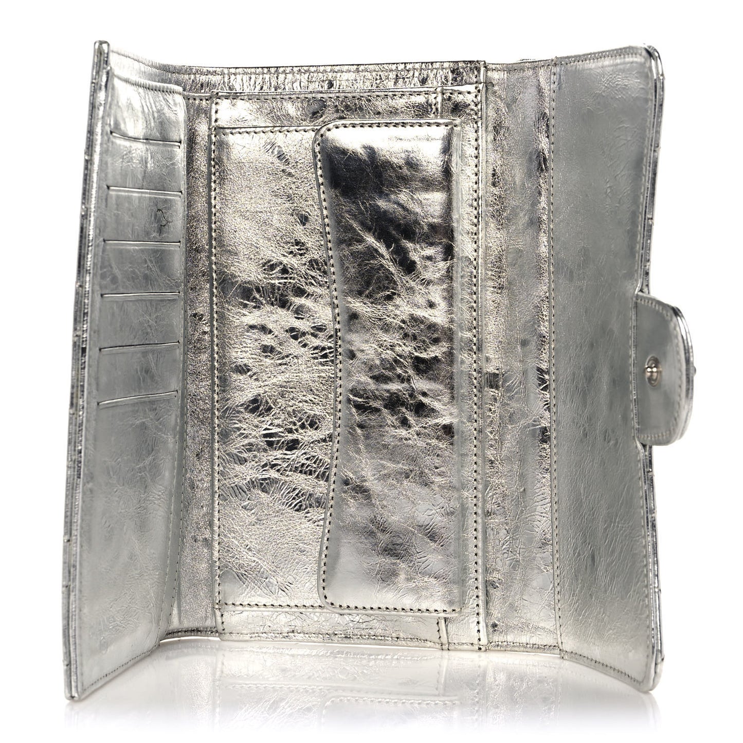 Metallic Aged Calfskin Quilted Reissue Long Flap Wallet Light Silver