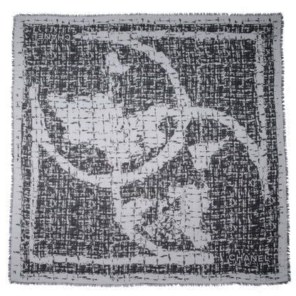 Chanel Cashmere Silk CC Tweed Scarf Black Grey 3 of 5