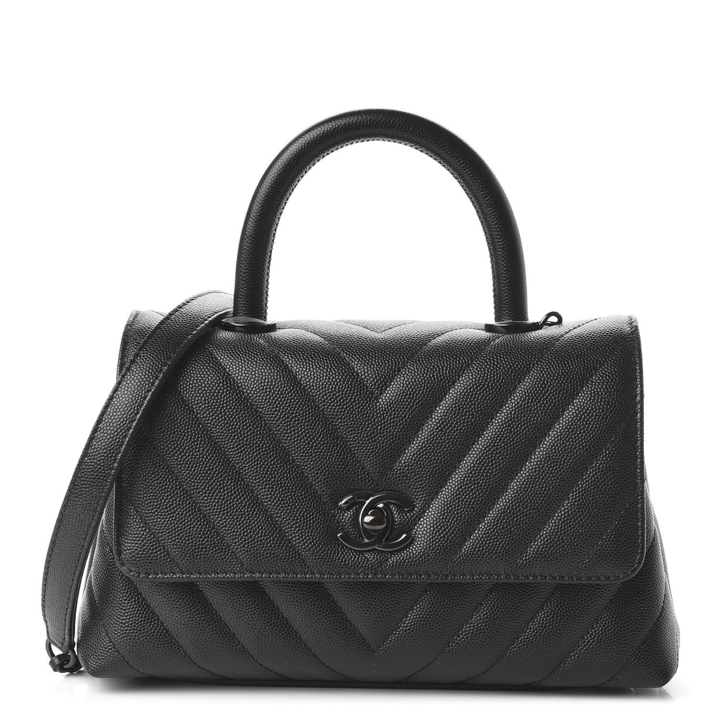 Caviar Chevron Quilted Mini Coco Handle Flap So Black