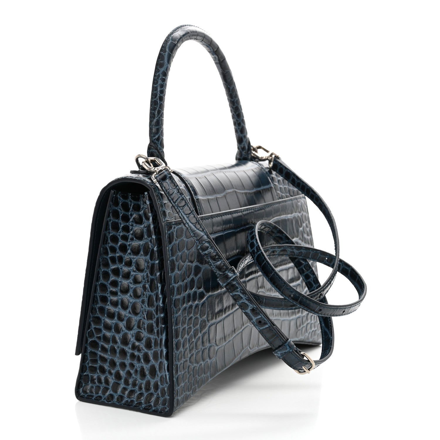 Balenciaga Shiny Calfskin Crocodile Embossed Medium Hourglass Top Handle Bag Denim Blue 3 of 12