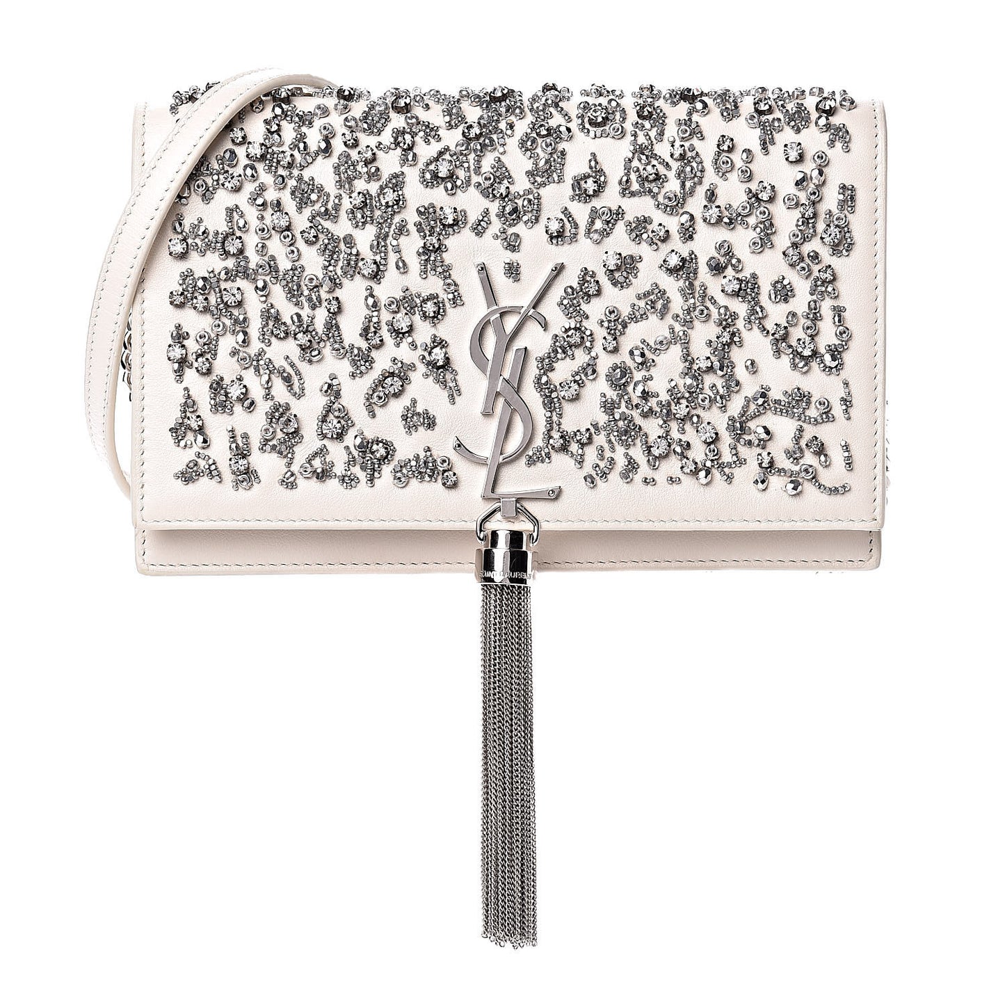Calfskin Bead Embellished Kate Monogram Tassel Chain Wallet White