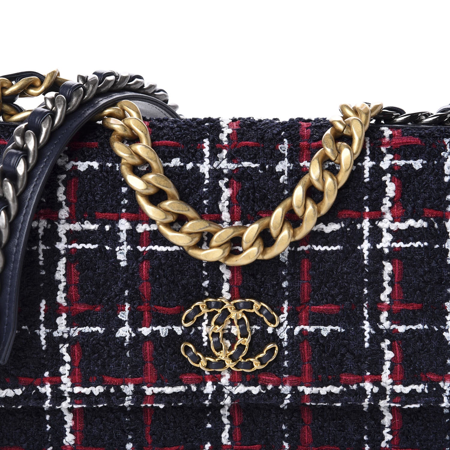 Chanel Wool Tweed Lambskin Quilted 19 Wallet On Chain WOC and Coin Purse Blue White Red 11 of 12