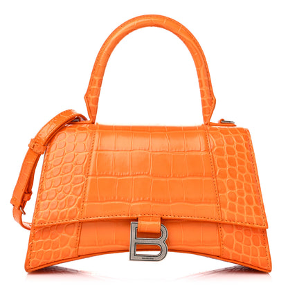 Balenciaga Shiny Calfskin Crocodile Embossed Small Hourglass Top Handle Bag Pop Orange 1 of 13