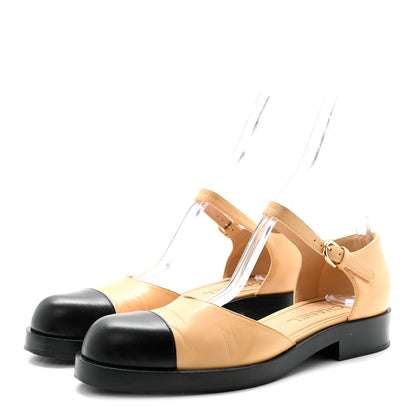 Chanel Shiny Goatskin Mary Jane Flats 38.5 Beige Black 4 of 10