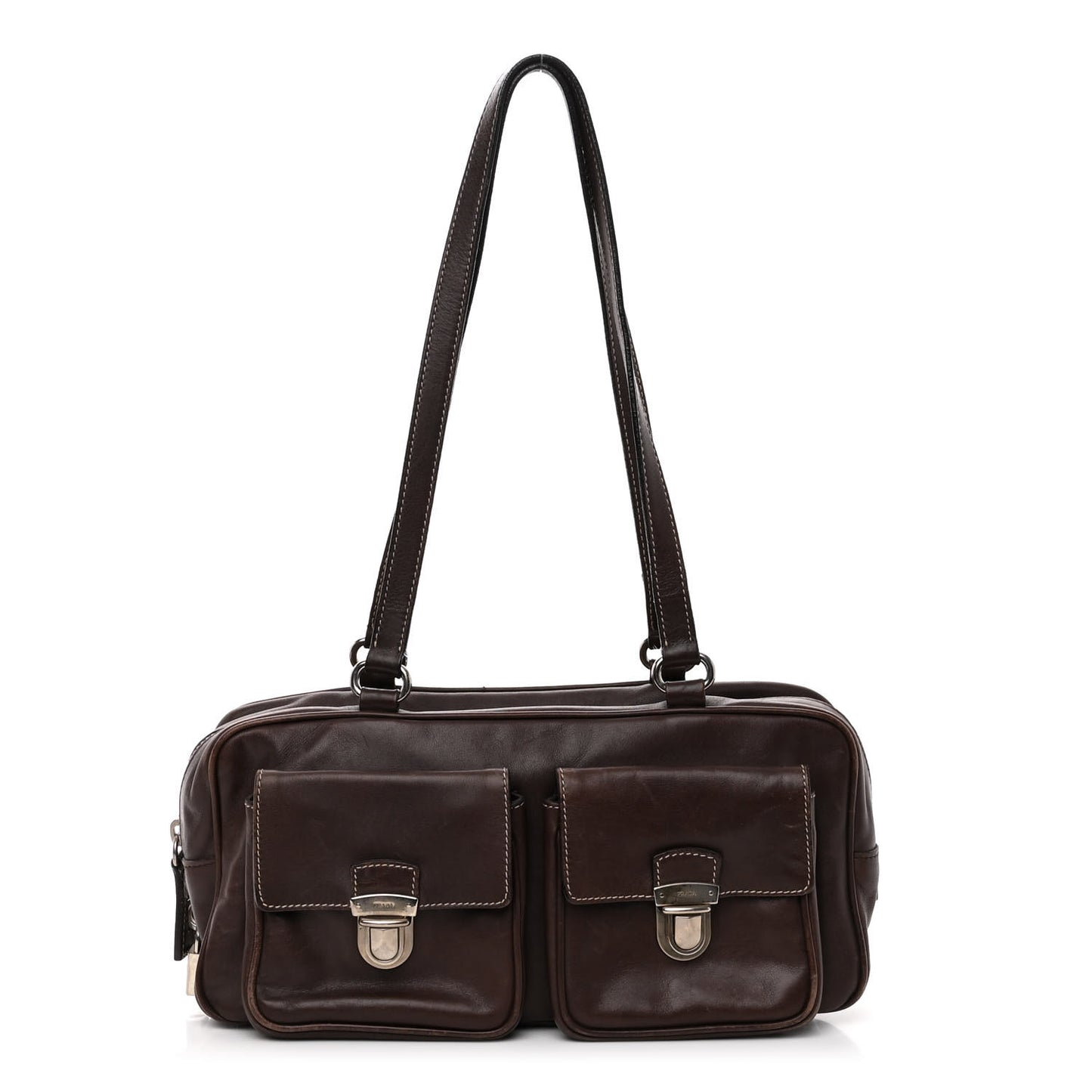 Soft Calf Push Lock Pocket Shoulder Bag Brown