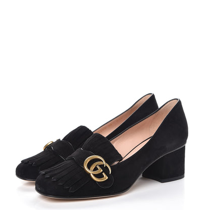 Gucci Kid Scamosciato GG Marmont Fringe 50mm Loafer Pumps 38 Black 3 of 9