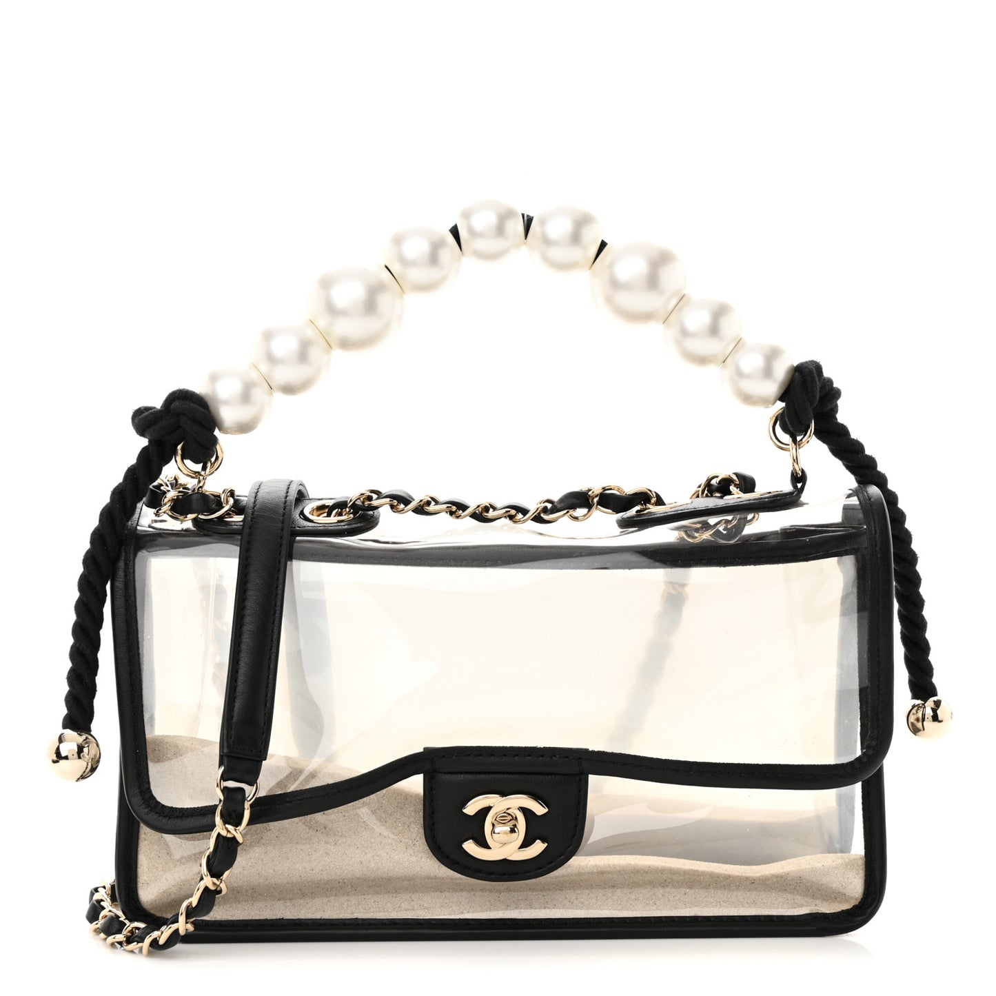 Lambskin PVC Sand By The Sea Flap With Pearl Strap Black