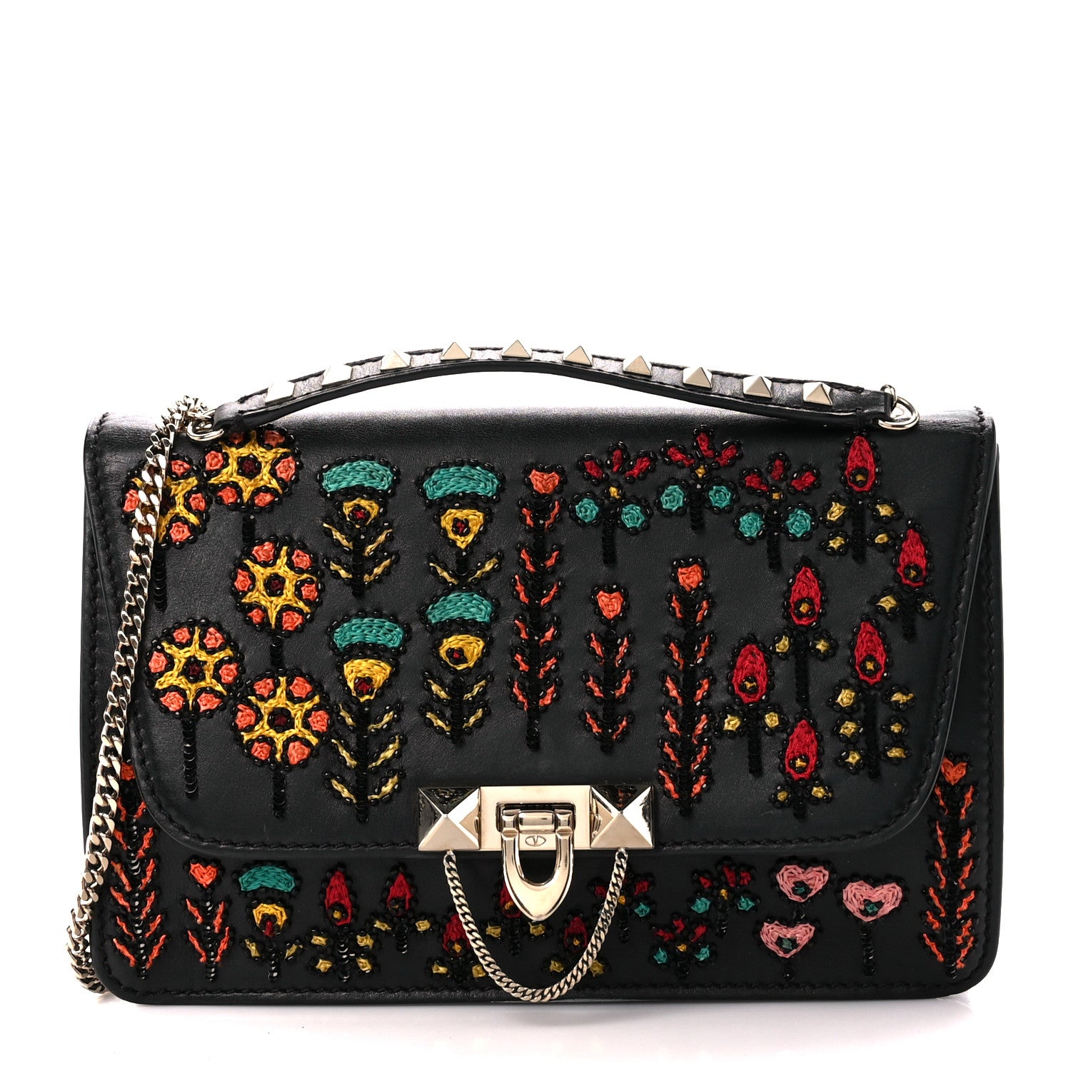 Valentino Garavani Calfskin Embroidered Beaded Rockstud Small Demilune Shoulder Bag Black Multicolor 1 of 14