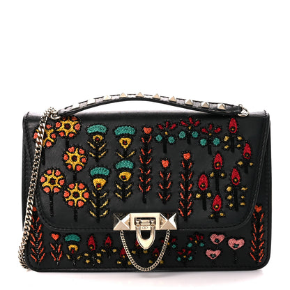 Valentino Garavani Calfskin Embroidered Beaded Rockstud Small Demilune Shoulder Bag Black Multicolor 1 of 14