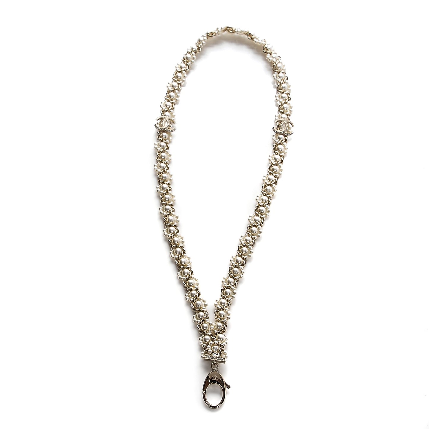 Pearl Crystal CC Lanyard Necklace Gold