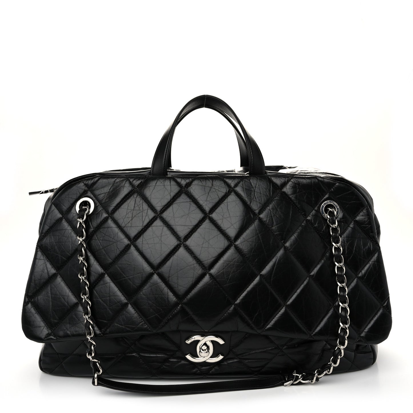 Aged Calfskin Quilted Large Express Bowling Bag Black