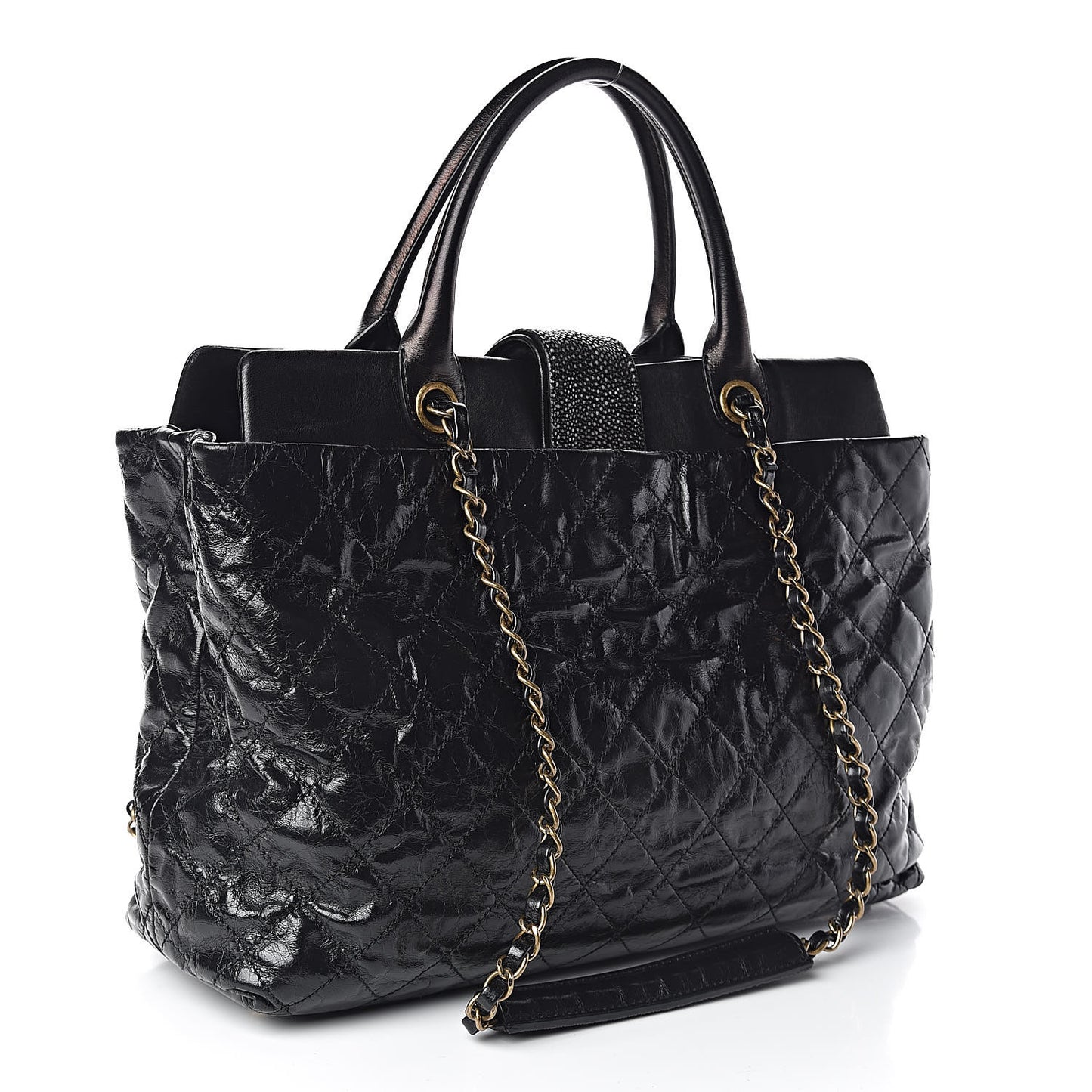 Glazed Calfskin Stingray Large Bindi CC Tote Black