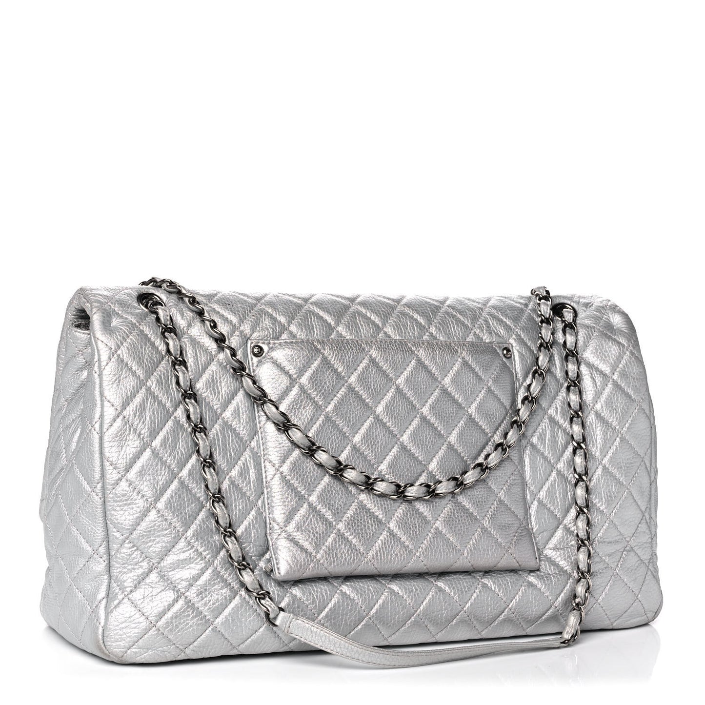 Metallic Calfskin Quilted XXL Travel Flap Bag Silver
