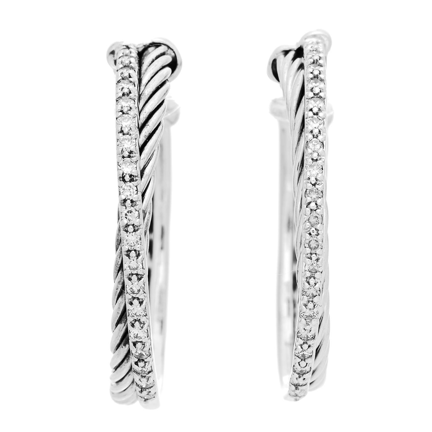 Sterling Silver 14K White Gold Diamond Medium Crossover Hoop Earrings