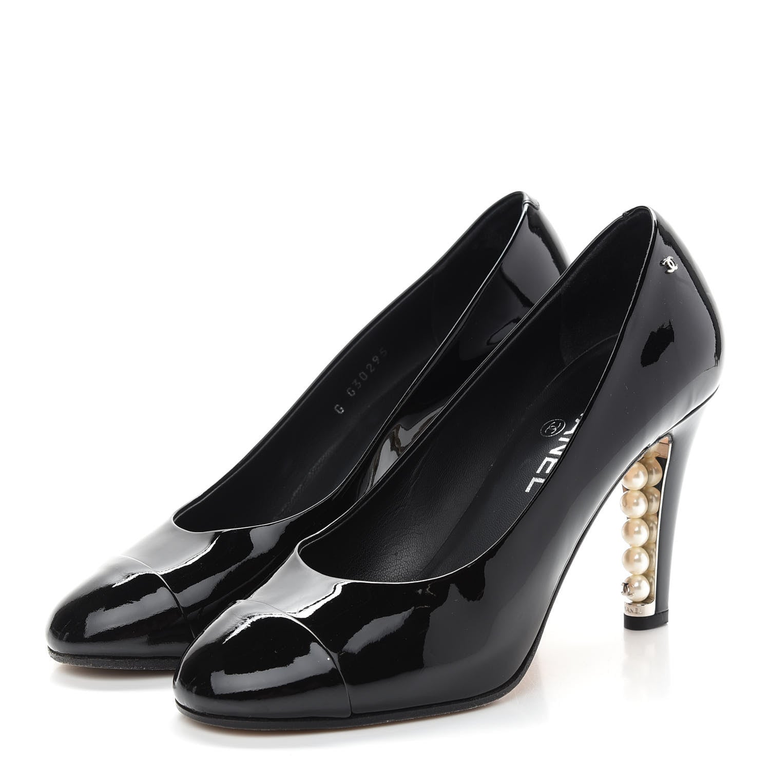 Chanel Patent Calfskin Cap Toe CC Pearl Pumps 37.5 Black 3 of 7