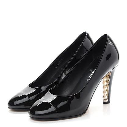 Chanel Patent Calfskin Cap Toe CC Pearl Pumps 37.5 Black 3 of 7