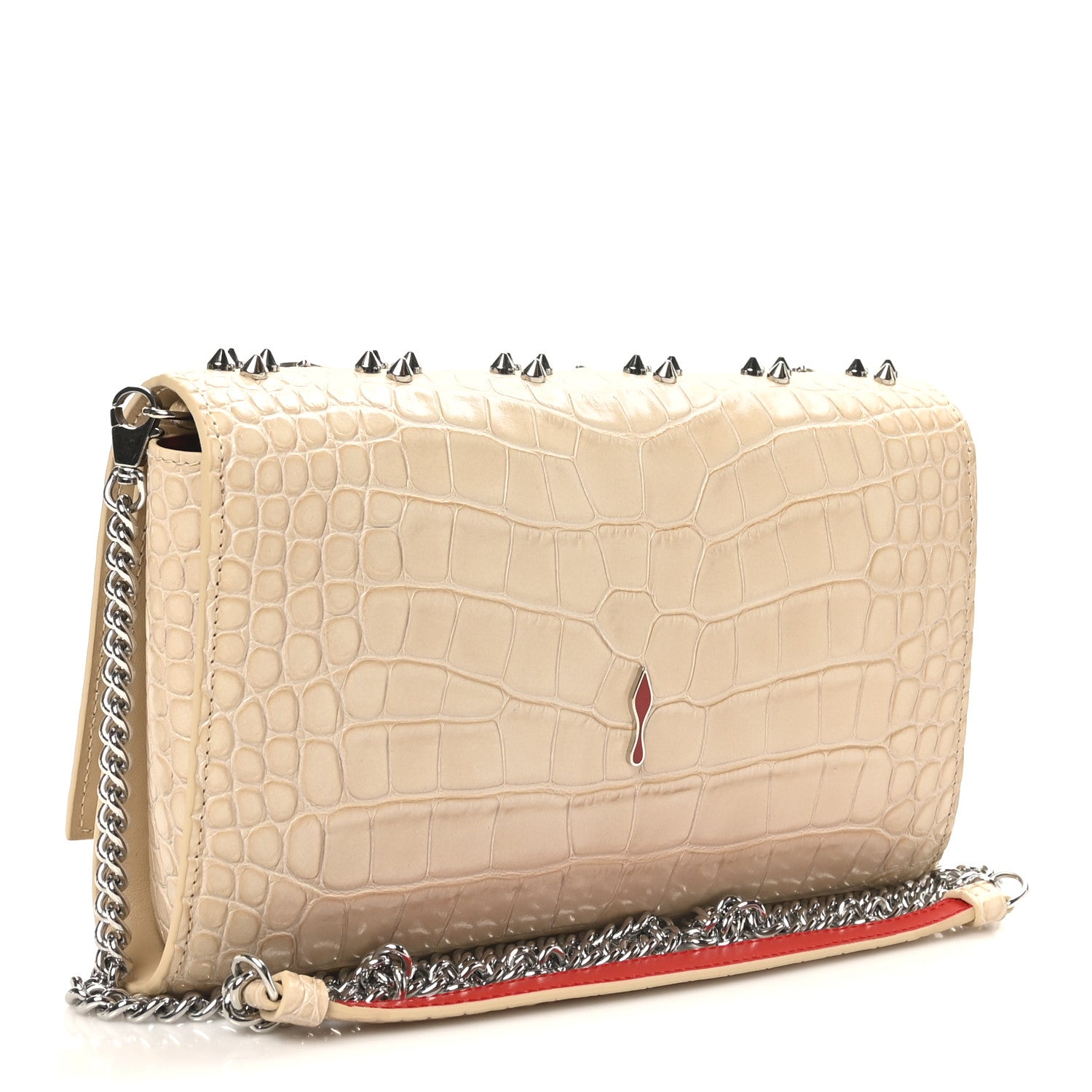 Christian Louboutin Calfskin Crocodile Embossed Spikes Loubinthesky Paloma Clutch Nougat 3 of 9
