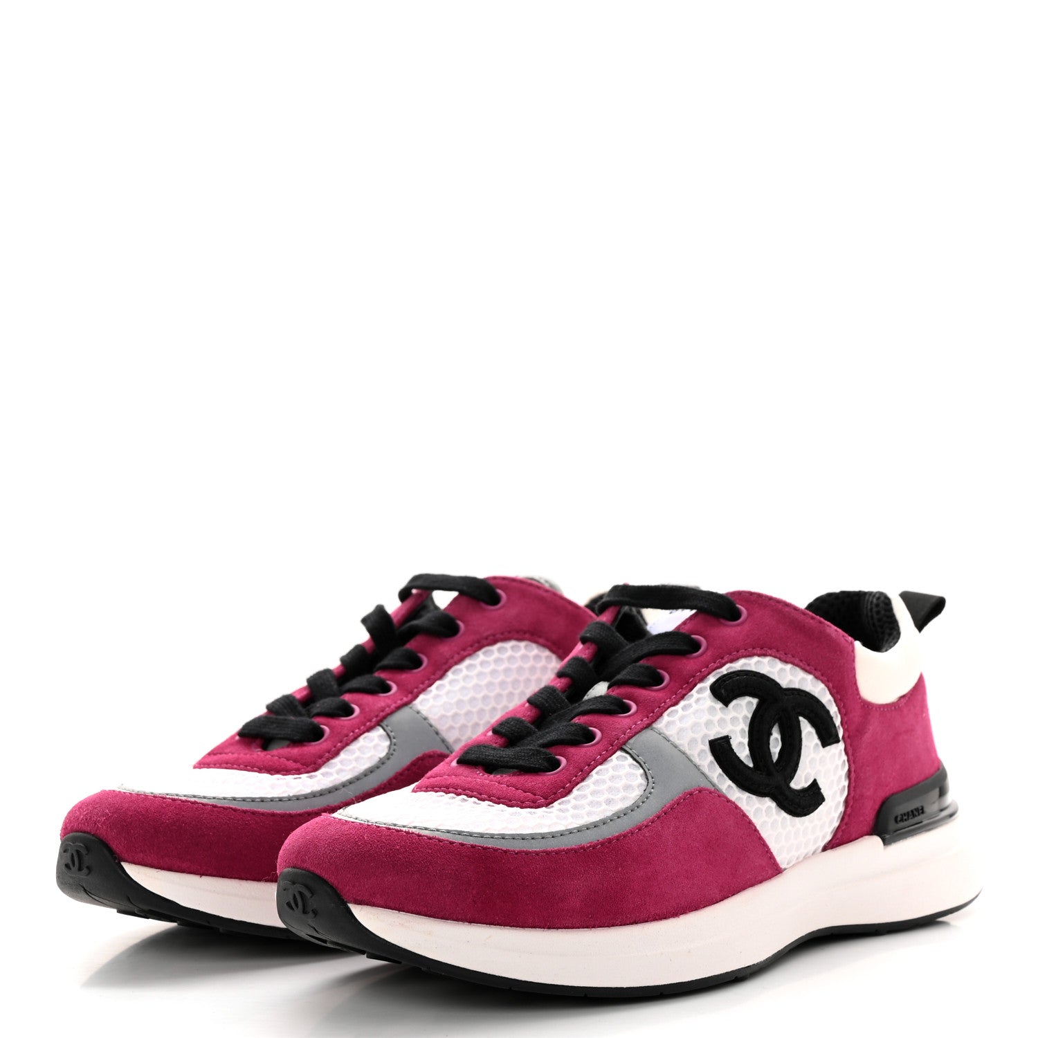 Chanel Mesh Suede Calfskin Womens CC Sneakers 37 White Dark Pink Grey 3 of 14