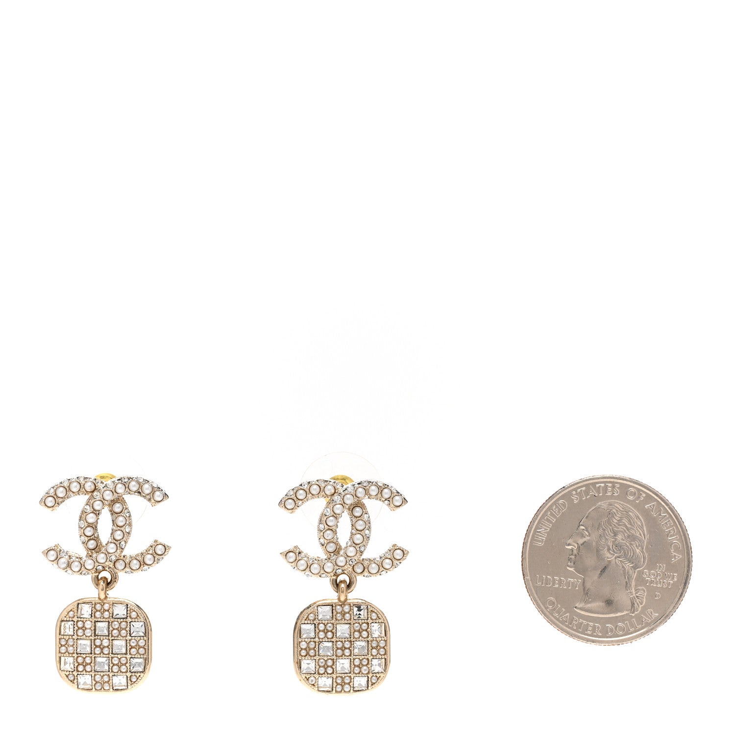 Chanel Pearl Baguette Crystal CC Drop Earrings Gold 2 of 5