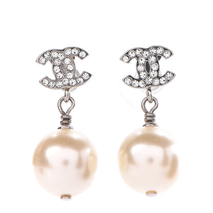 Chanel Crystal Pearl CC Drop Earrings Silver Pearly White 1 of 5