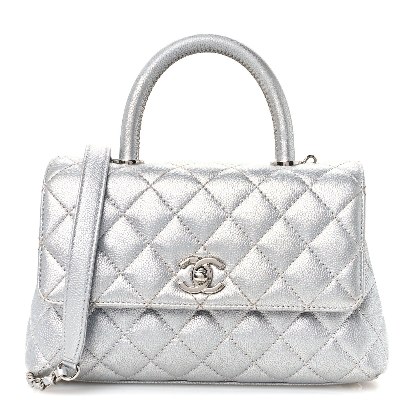 Metallic Caviar Quilted Mini Coco Handle Flap Silver