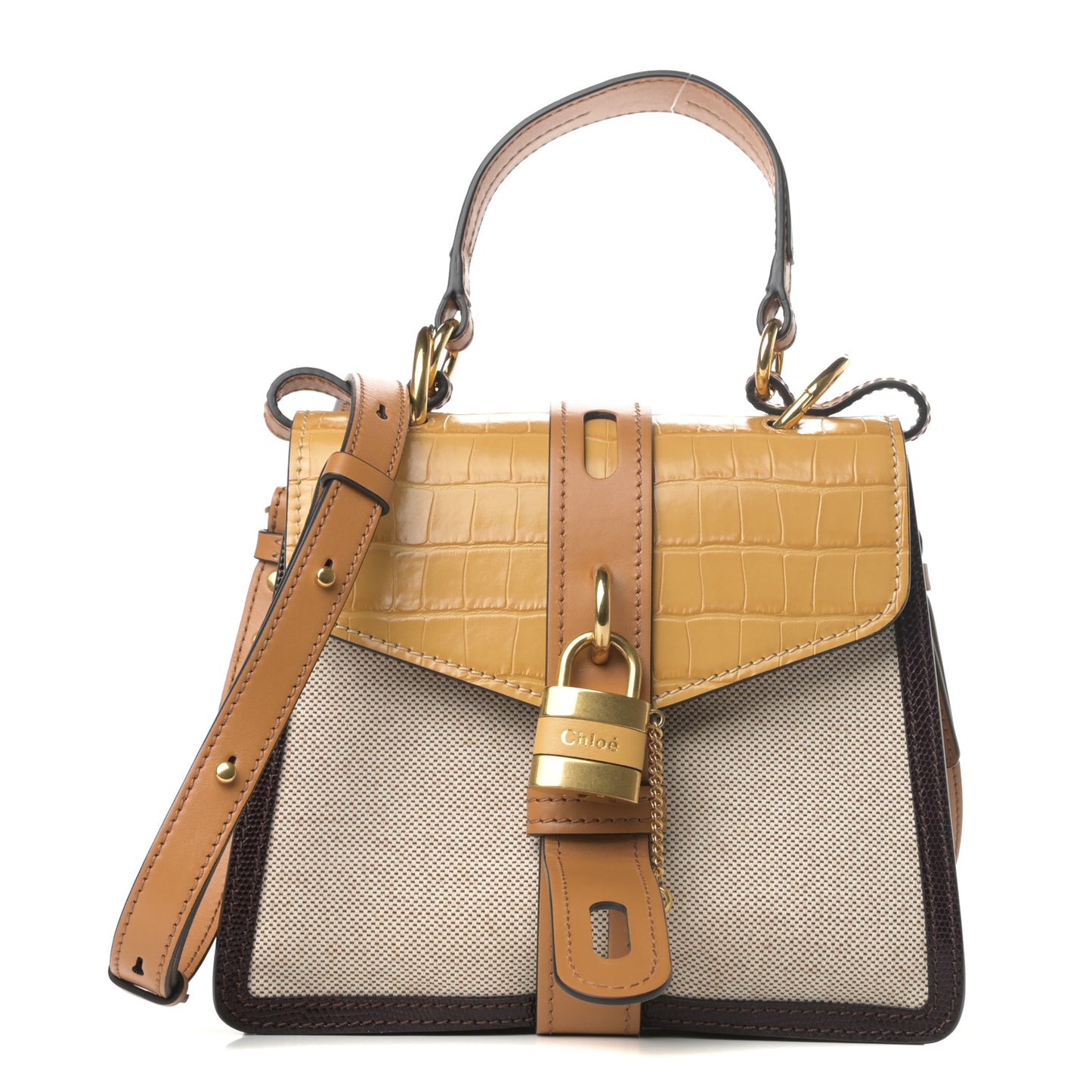 Calfskin Crocodile Embossed Canvas Small Aby Day Shoulder Bag Honey Gold
