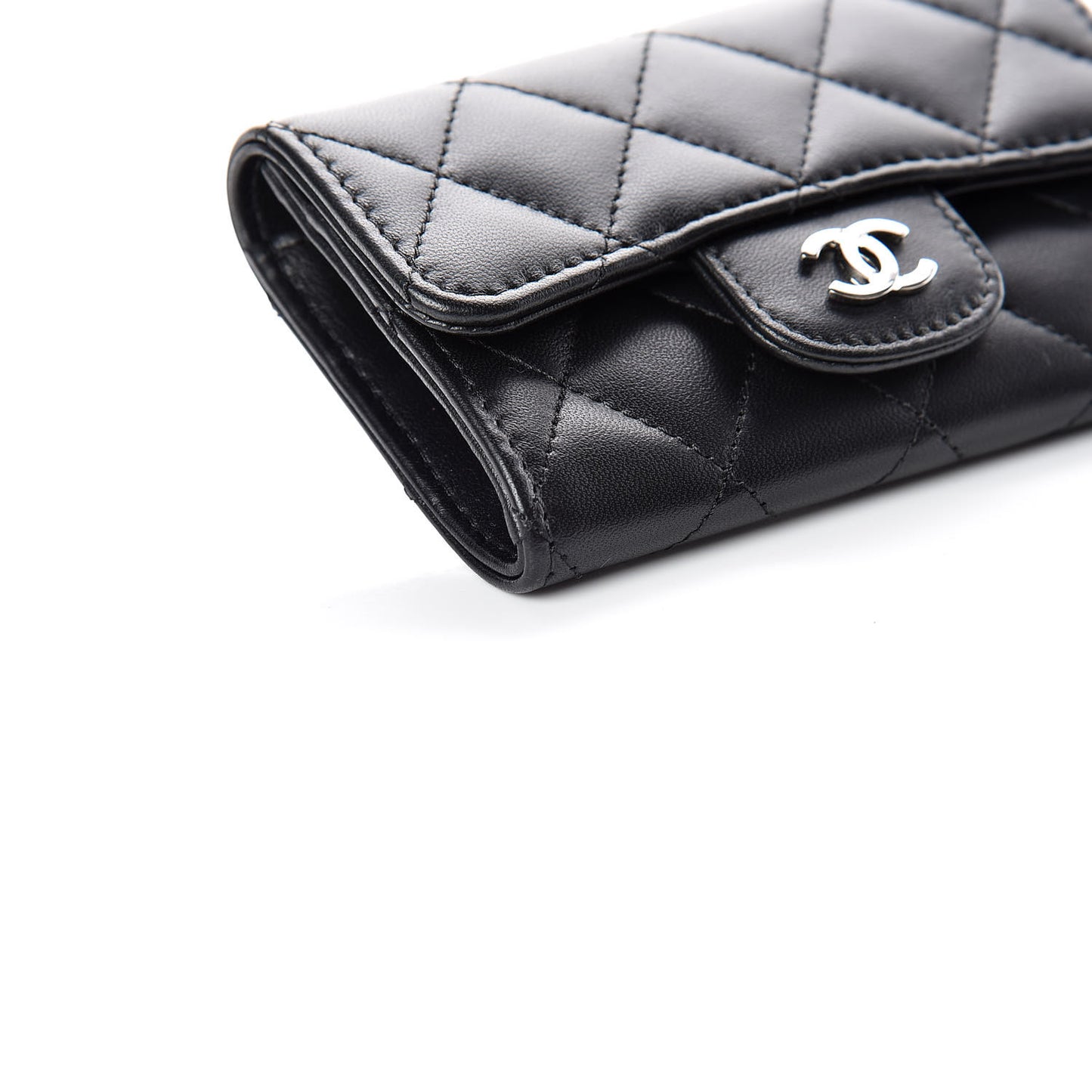 Lambskin Quilted Flap Card Holder Black