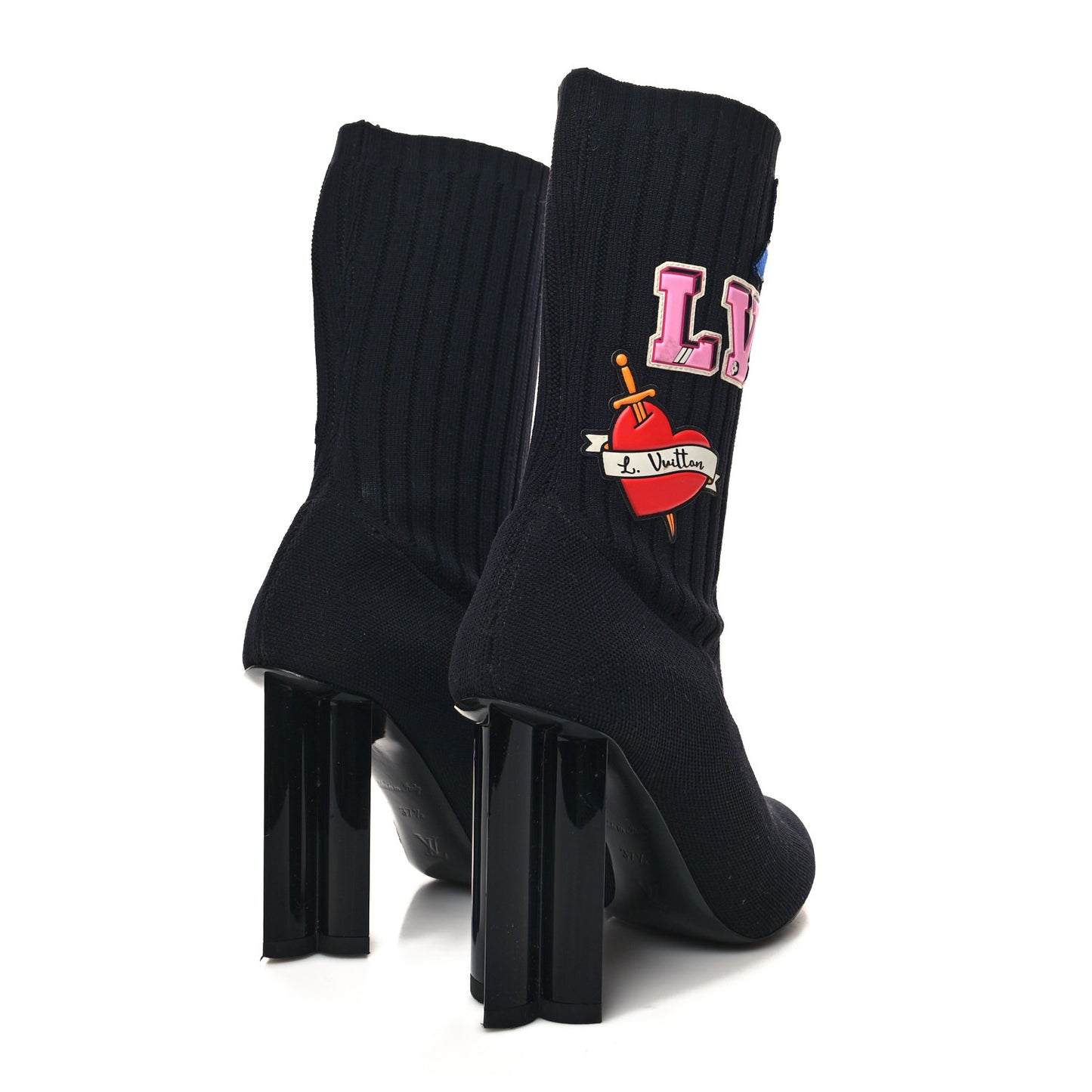 Stretch Fabric LV Black Heart Sock Ankle Boots 37.5 Black