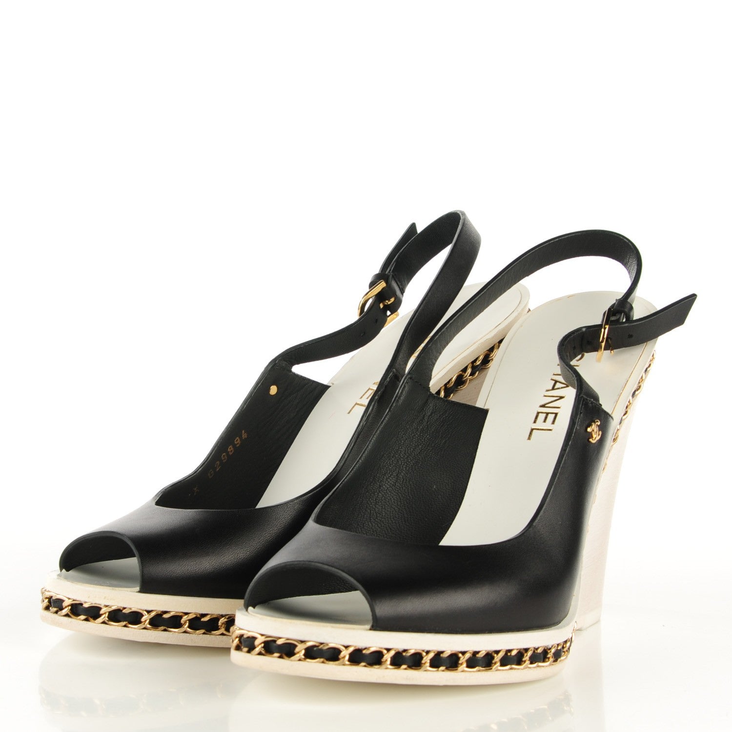 Chanel Leather Chain Slingback Wedge Sandals 39 Black 3 of 8