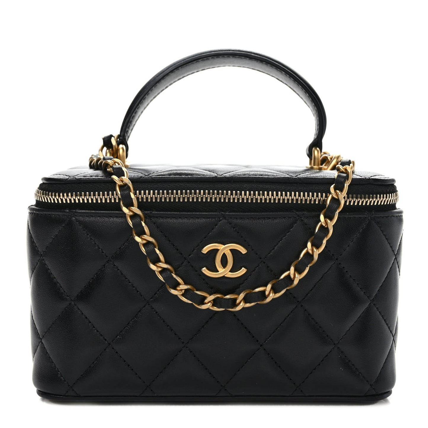 Lambskin Quilted Small Top Handle Vanity Case With Chain Black