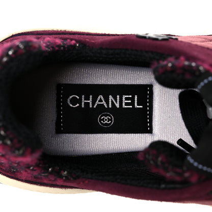 Chanel Tweed Suede Calfskin Grained Calfskin Womens CC Sneakers 39.5 Burgundy Black Silver 7 of 8