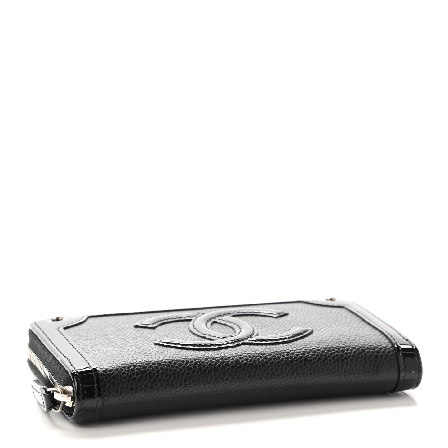 Caviar Patent Small CC Contour Zip Around Wallet Black