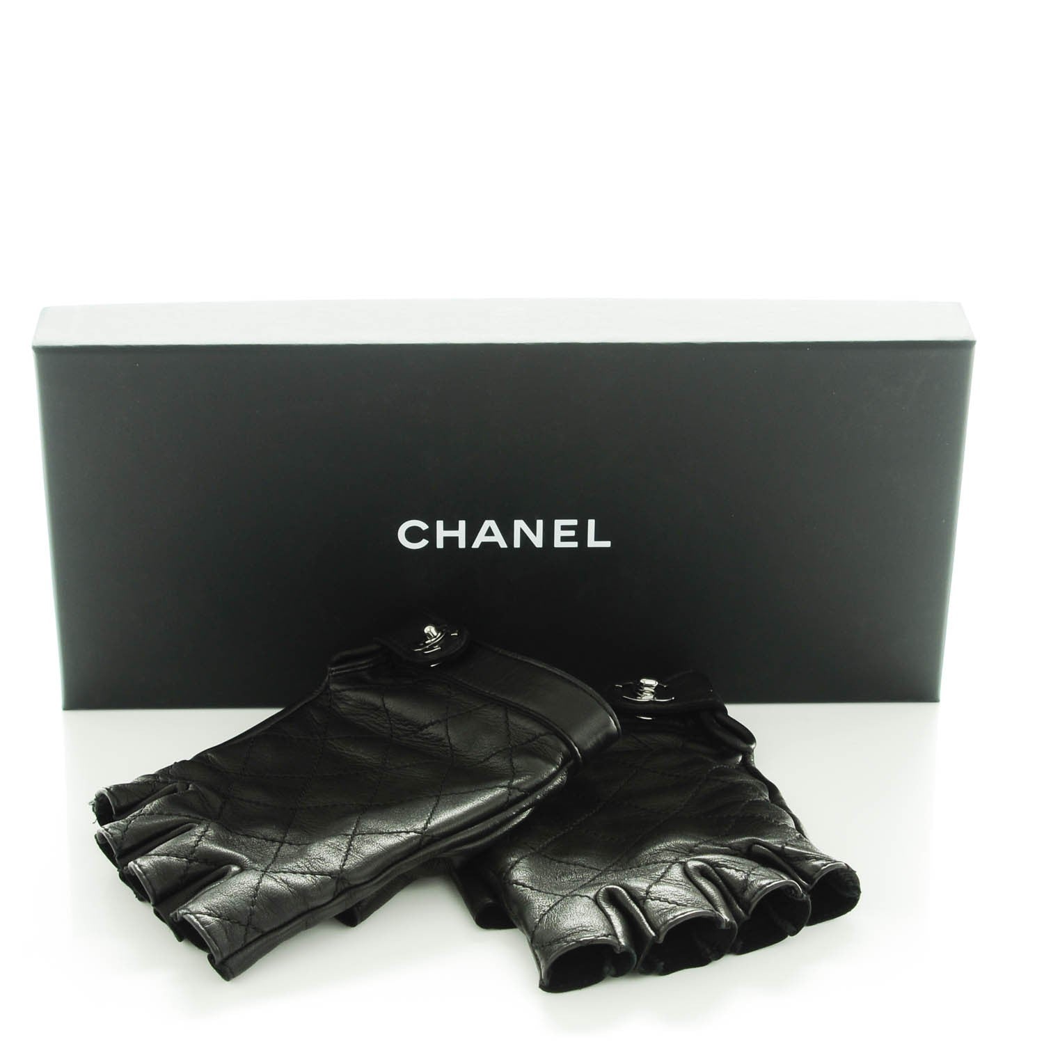 Chanel Lambskin Quilted Fingerless CC Turn Lock Gloves 8 Black 4 of 7