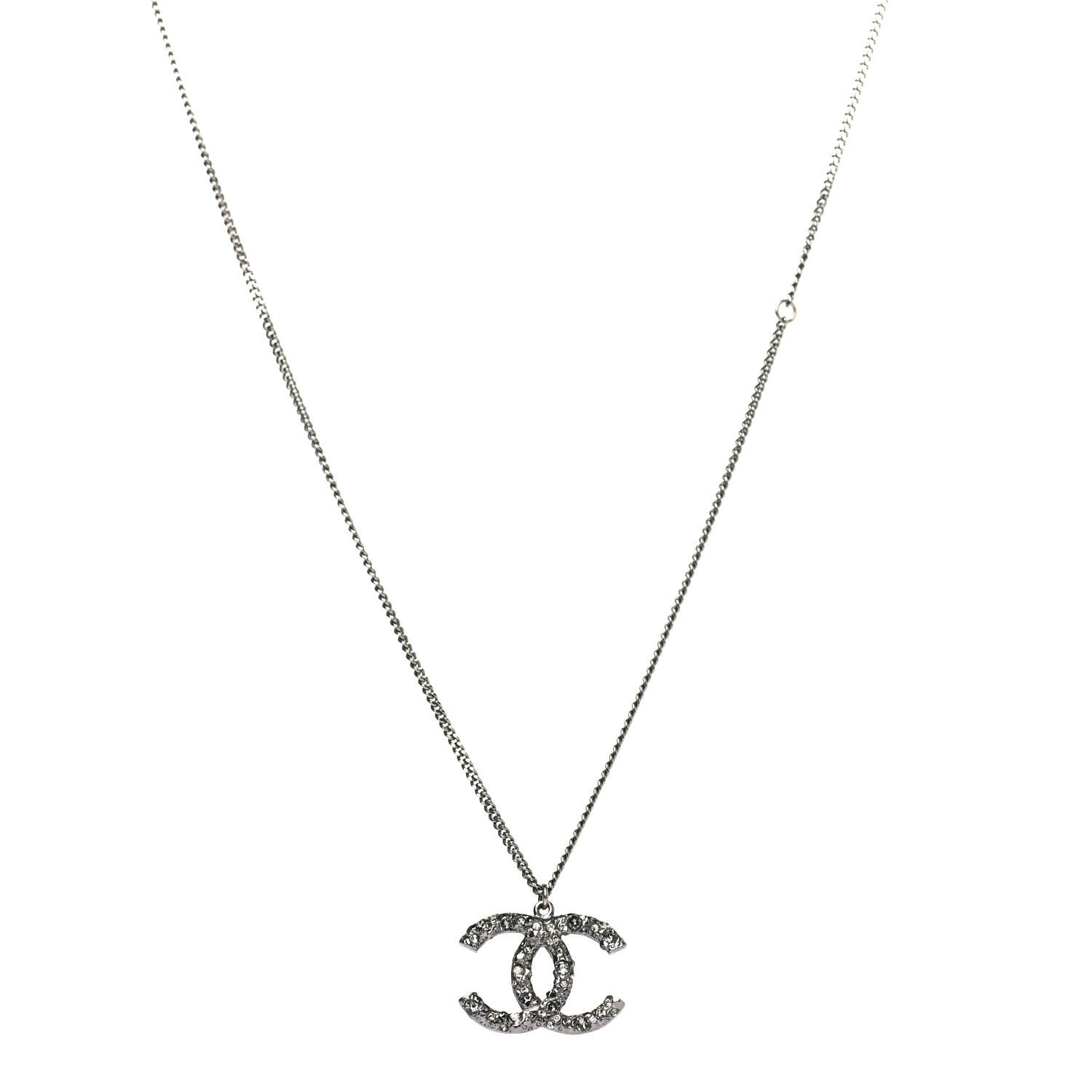 Chanel Crystal CC Pendant Necklace Silver 2 of 5