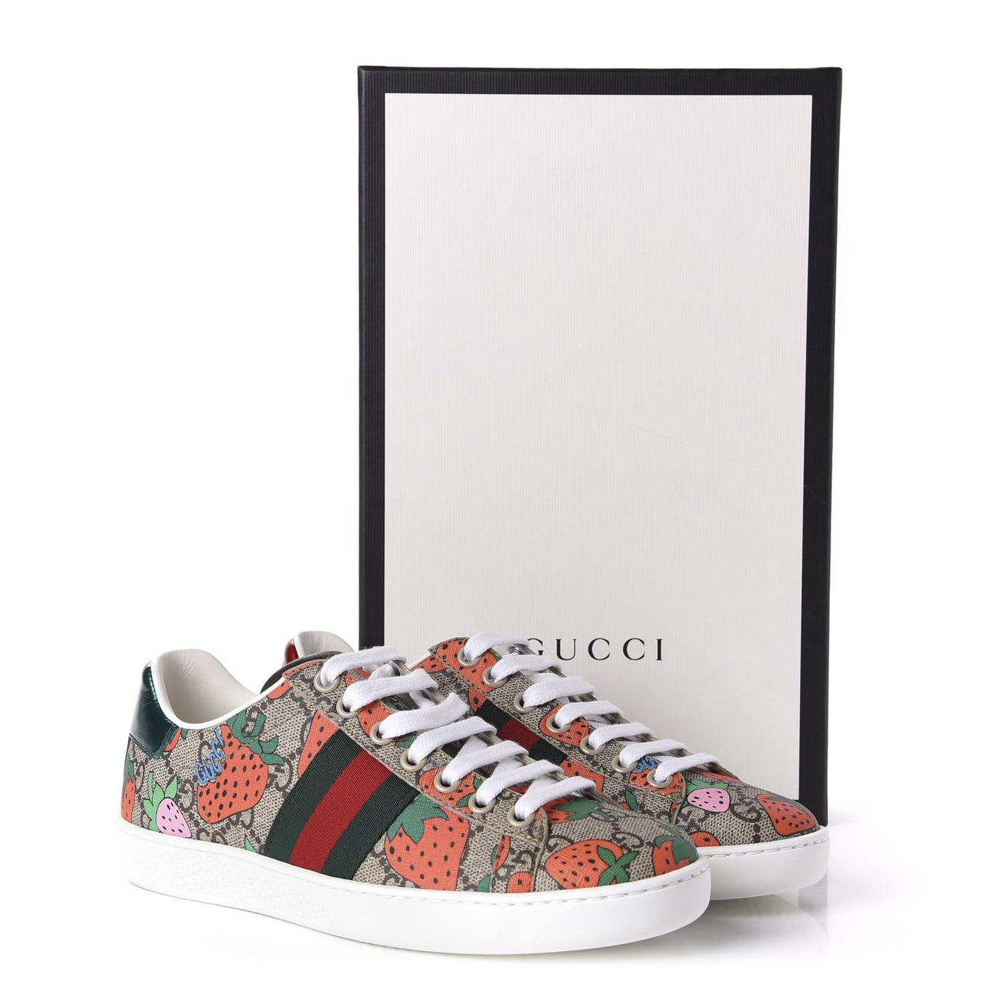 GG Supreme Monogram Strawberry Web Womens Ace Sneakers 35 Beige Multicolor Red Green