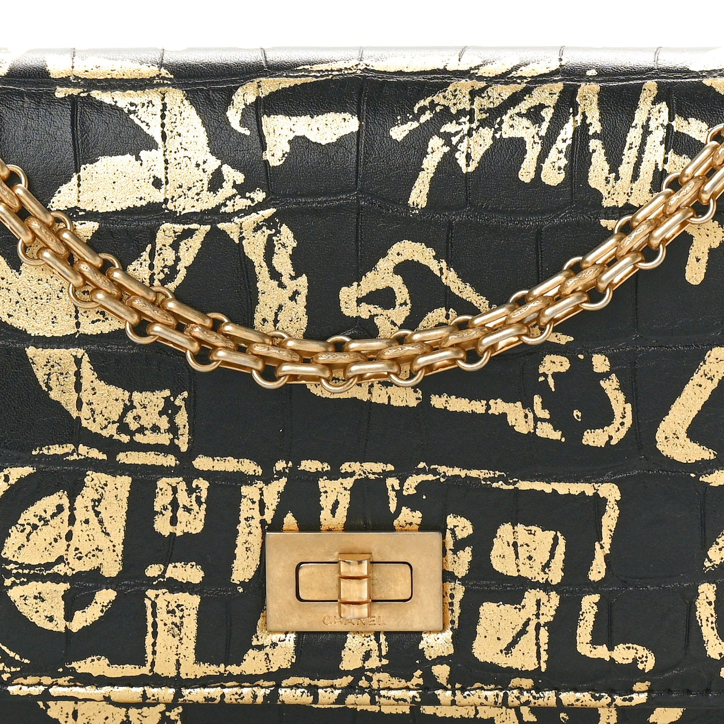 Calfskin Crocodile Embossed Graffiti 2.55 Cocodile Reissue Wallet On Chain WOC Black Gold