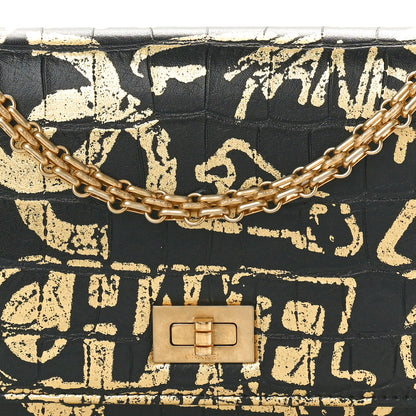 Chanel Calfskin Crocodile Embossed Graffiti 2.55 Cocodile Reissue Wallet On Chain WOC Black Gold 8 of 10